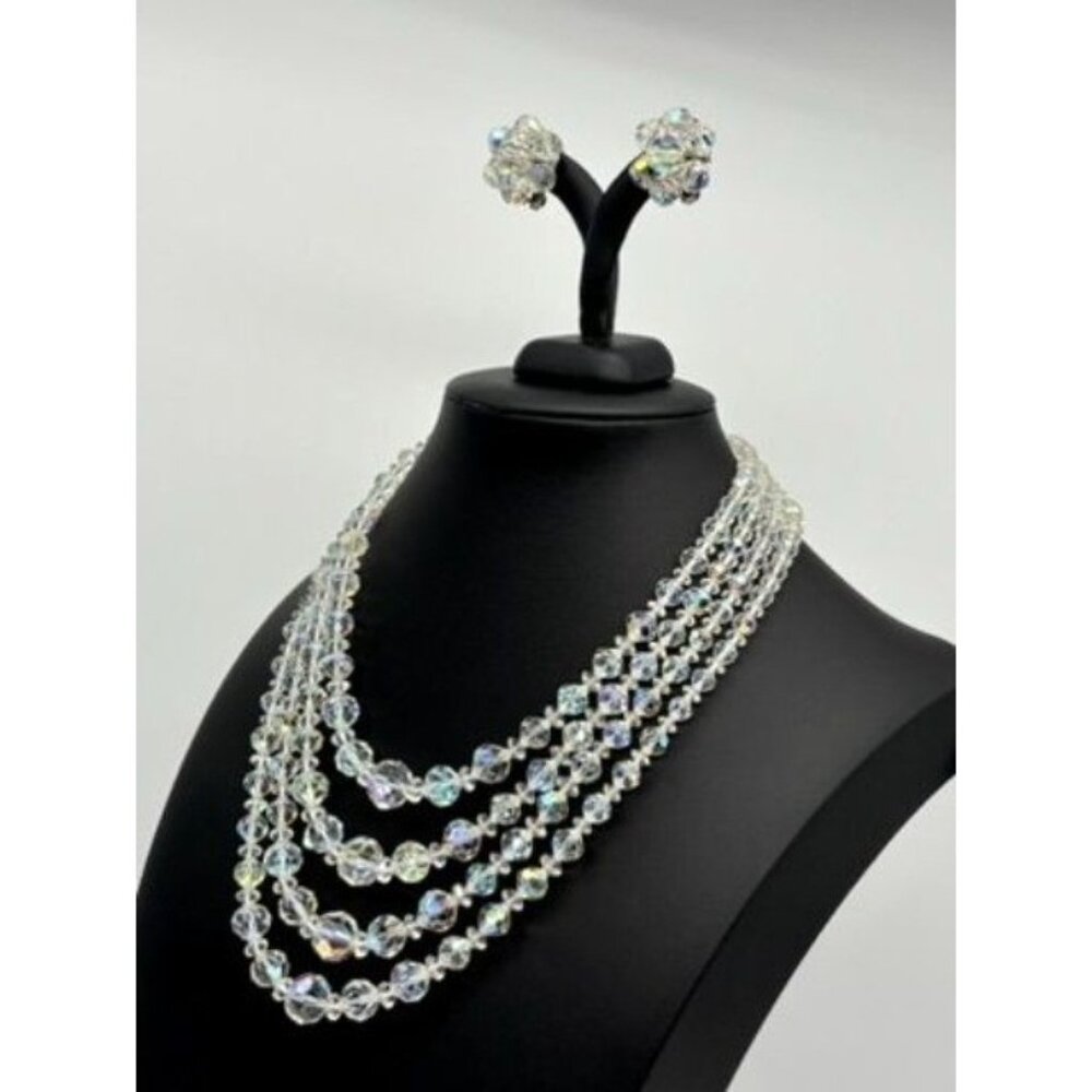 Vintage Crystal Aurora Borealis Graduated Four Strand Necklace and Earrings Set